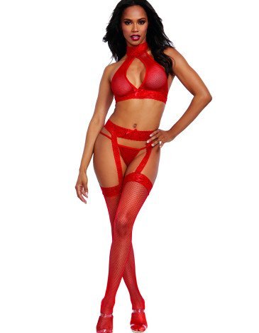 Σέξι σετ bralette, ζαρτιέρες με ενσωματωμένες κάλτσες και G-String